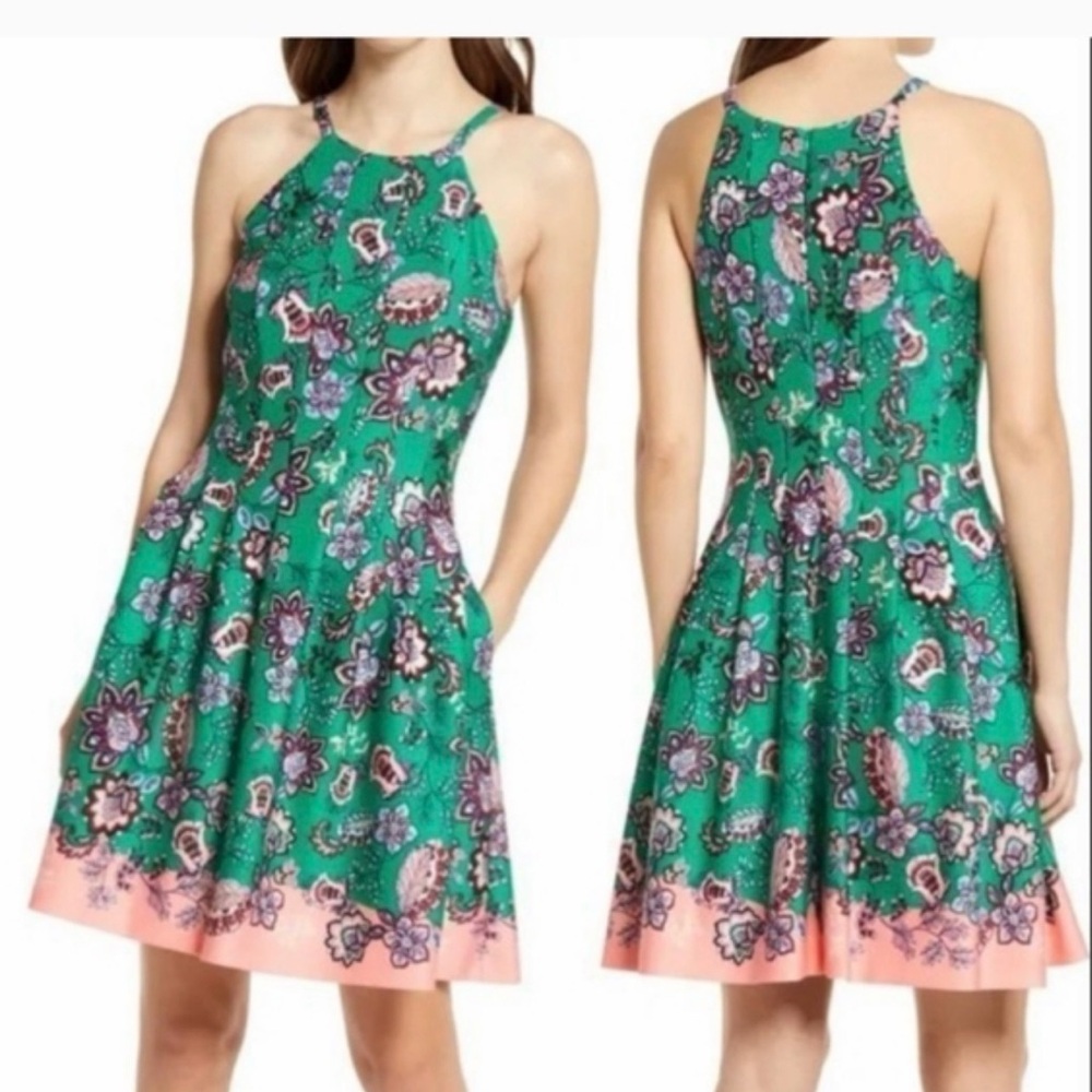 Vince Camuto Scuba Crepe Fit & Flare Green and Pink Floral Halter Midi  Dress